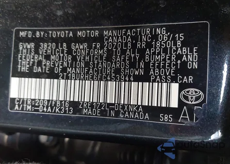 2015 Toyota Corolla Le z USA, uszkodzony, nr VIN 2T1BURHE6FC453944